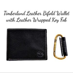 NIB Mens Black Timberland Leather Bifold Wallet with Leather Wrapped Key Fob